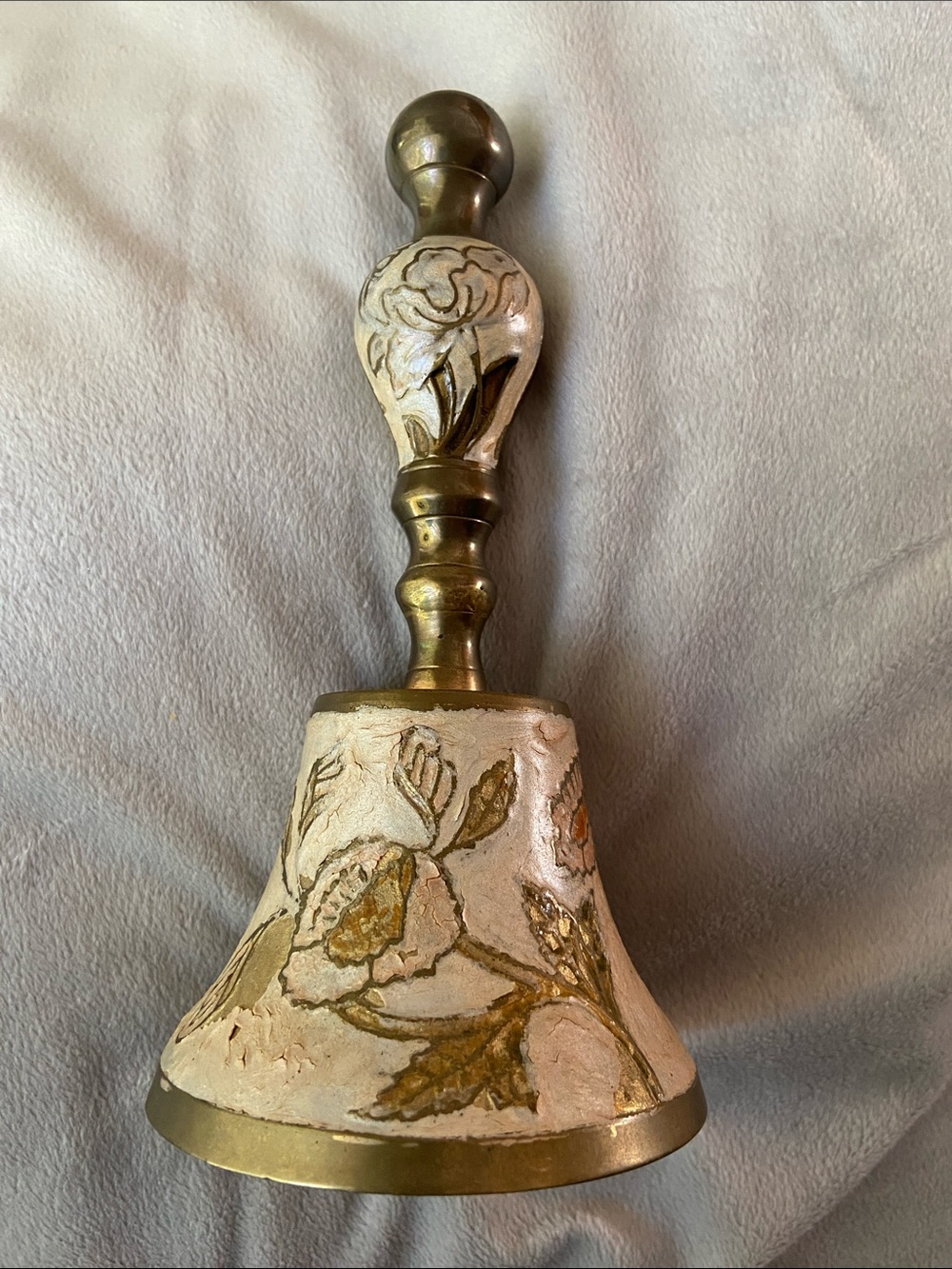 Vintage Enameled Brass Hand Bell Cream Pink Floral Relief Champlevé Dinner Bell